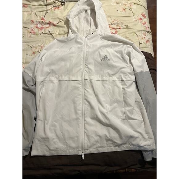 Adidas Hooded World Wide Windbreaker Jacket Gray White Colorblock Mens 2XL - Picture 1 of 4